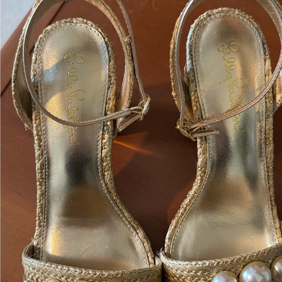 Lilly Pulitzer May Heeled Sandal Raffia Pearl Block Heel Gold Size 6.5 - Picture 15 of 16